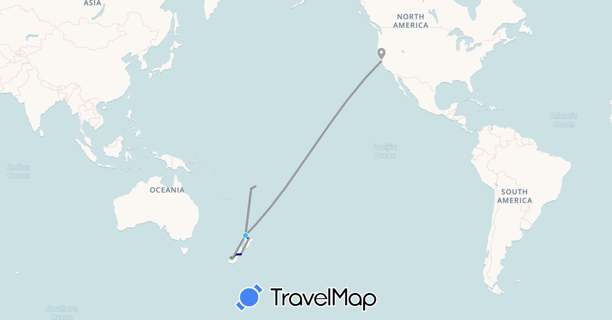 TravelMap itinerary: driving, bus, plane, boat in Fiji, New Zealand, United States (North America, Oceania)